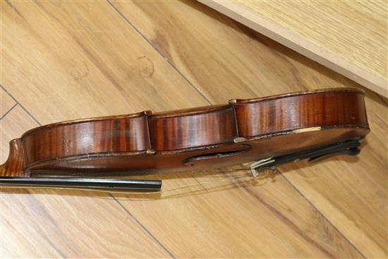 A 19th century violin by Louis Jolly, with bow cased Length 62cm